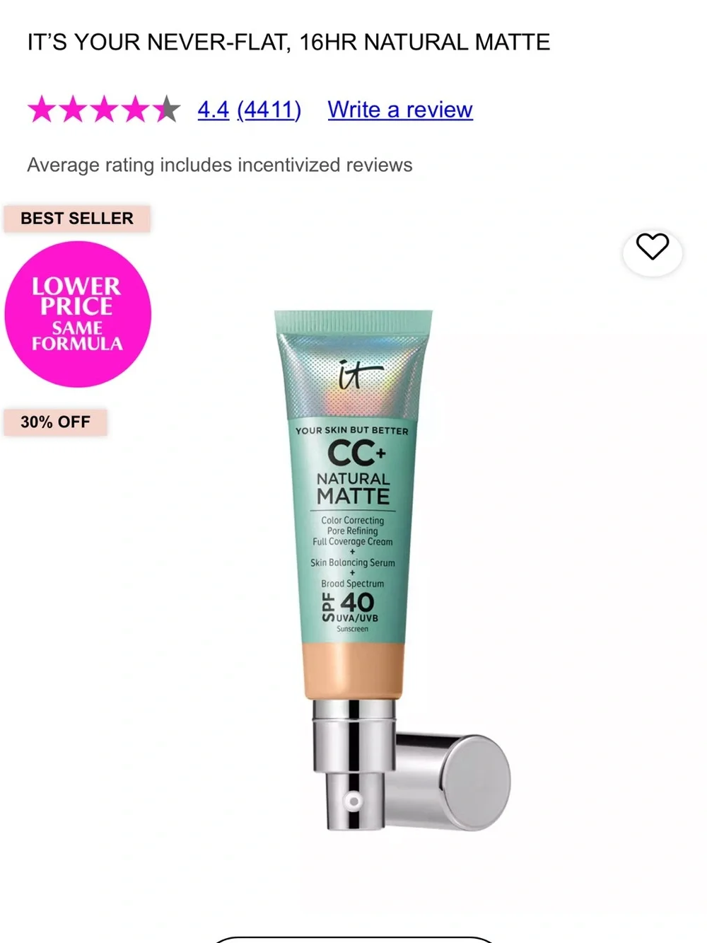 it cosmetics CC+ Oil-Free Matte Cream SPF 40 in Mint